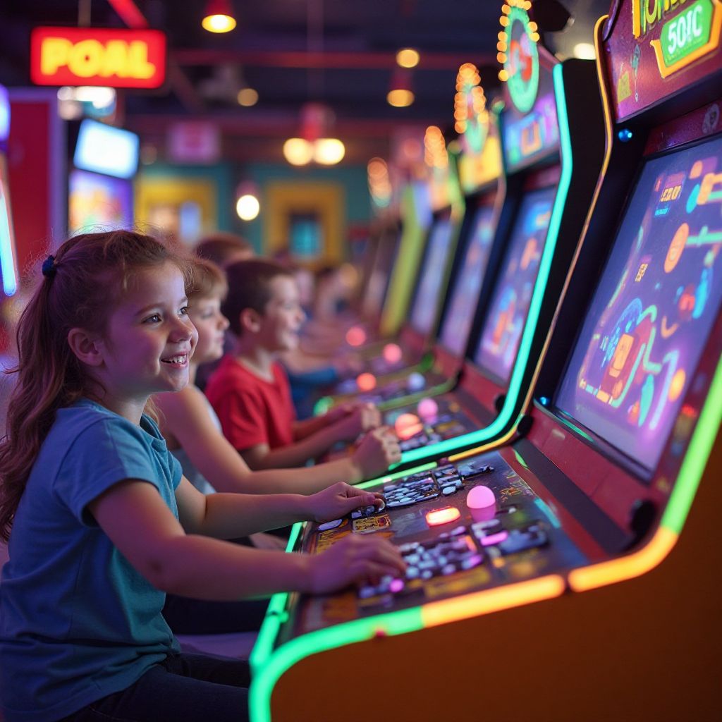 Bambini che giocano felici ai nostri giochi arcade